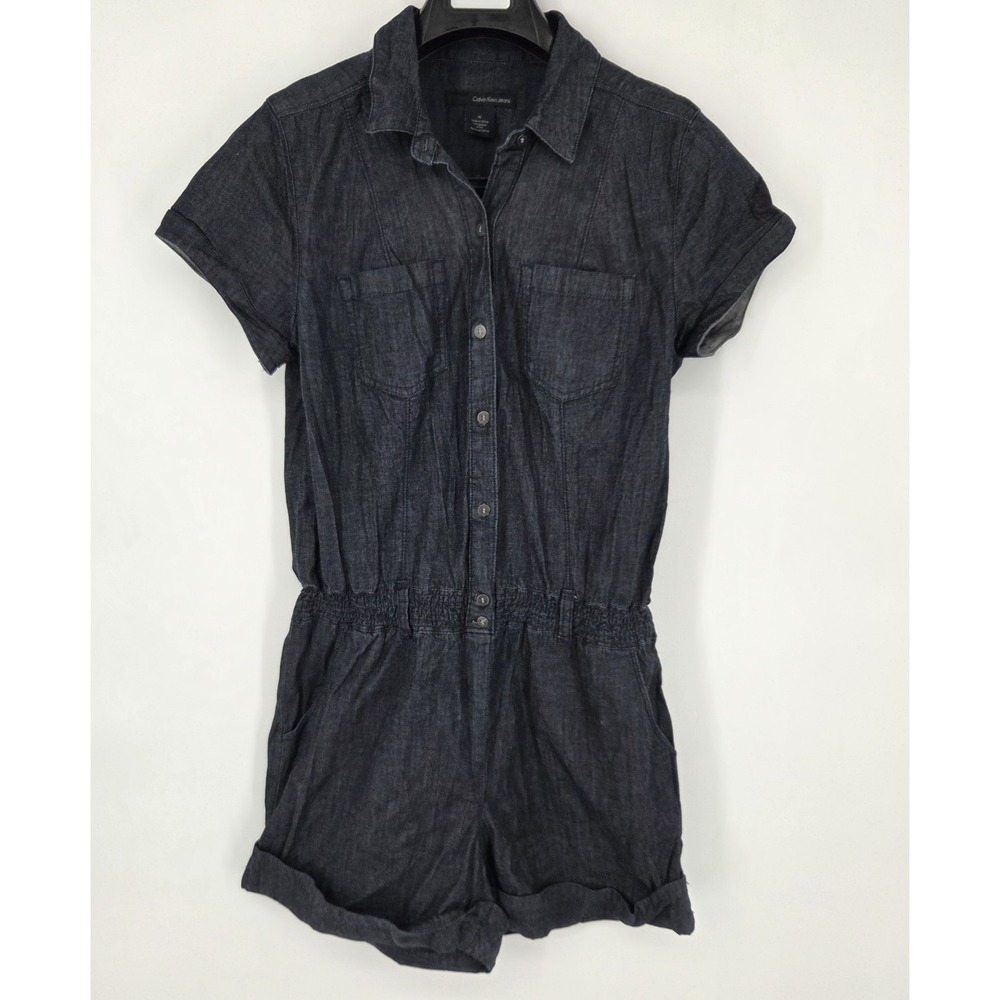 Calvin Klein Women's Medium Blue Denim Shorts Romper Button Front Smocked Waist